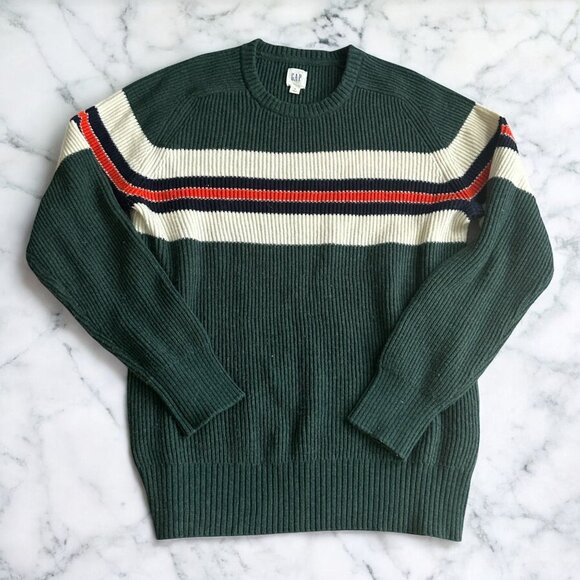 GAP Men's Ribbed Green Striped Crewneck Sweater Size Medium - Picture 1 of 5